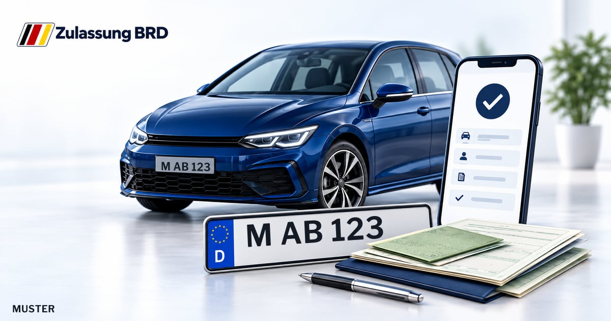 Online Fahrzeugzulassung in Grünwald: Musterkennzeichen M AB 123, Auto und Fahrzeugpapiere und Smartphone. Illustration mit Logo von Zulassung BRD.